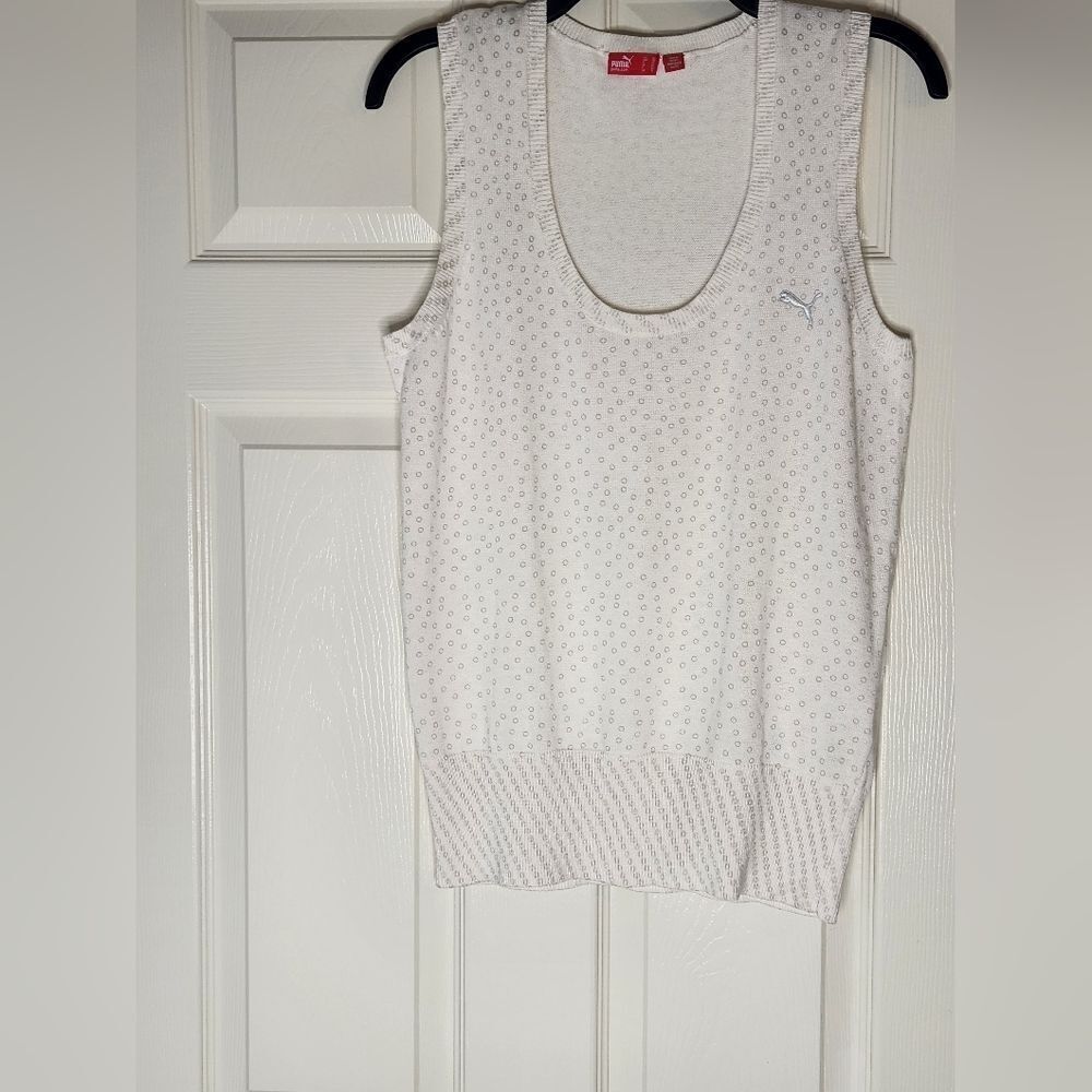 Puma XL White Polka Dots Logo Knitted Sleeveless Logo Women’s Sport Top